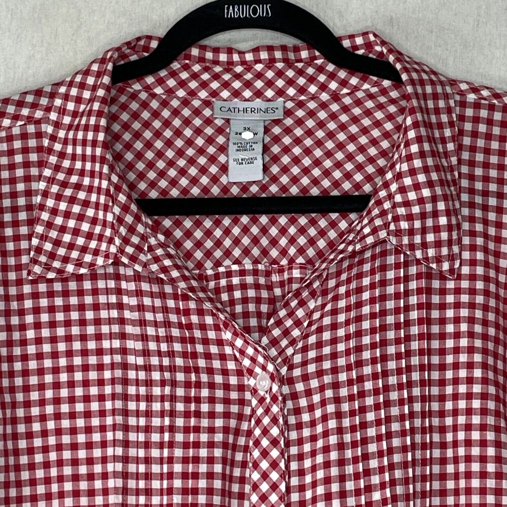 Catherines Plus Size Top Blouse Button Down 3X Red White Gingham Tabbed Sleeves - Picture 3 of 12